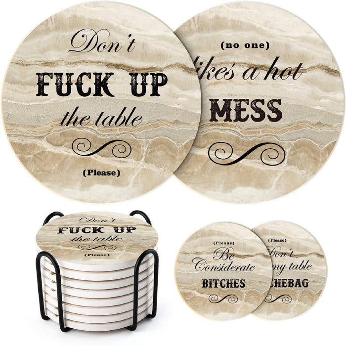 4 inch Funny Coasters For Drinks With Holder, Set Of 6, Marble