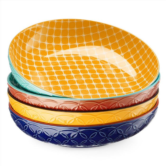 8.5 inch Vibrant Pasta Bowls, 34 Oz Porcelain Pasta Serving Bowl, Set Of 4, Mix-Match Pattern