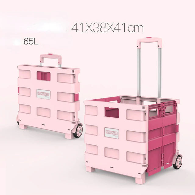 Supermarket Portable Folding Shopping Cart, 2 Wheels, 65L, Pink