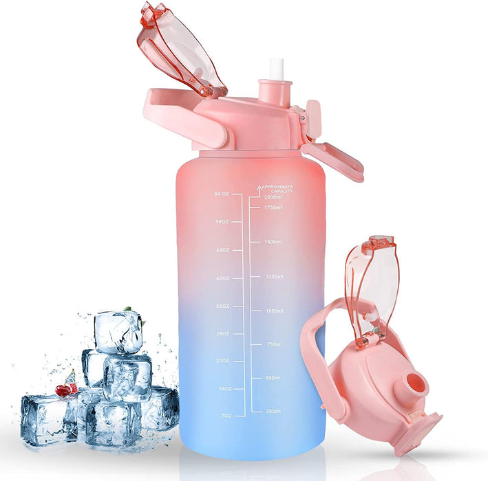 2L Motivational Water Bottle with Time Marker & Straw, Reusable and Leak-proof
